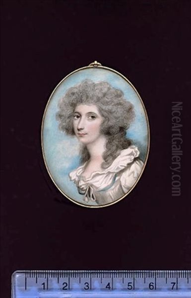 Lady Caroline Price, Wearing White Dress With White Ruffled Collar, Blue Ribbon Around The Bodice, Her Hair Curled And Powdered Oil Painting by Andrew Plimer