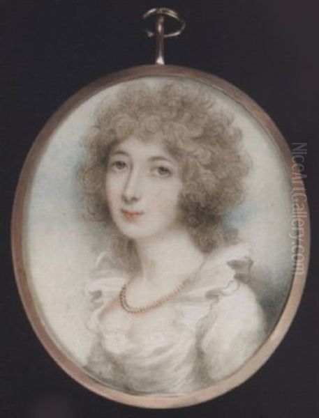 A Lady Wearing White Dress With Frilled Collar And Double-strand Necklace, Her Hair Curled Oil Painting by Andrew Plimer