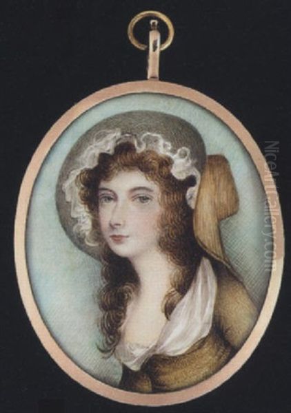 A Lady Wearing Buff-coloured Dress With White Collar And Matching Hat With Frilled White Bonnet Underneath Oil Painting by Andrew Plimer