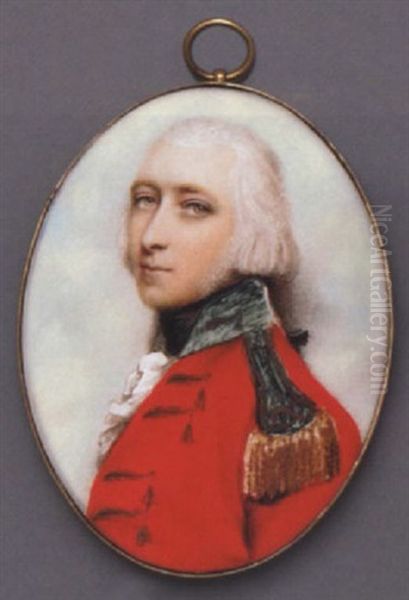 A Young Officer In Scarlet Coat With Gold-embroidered Blue Collar And Gold Epaulettes, Gold Buttons Loop, Frilled White Cravat And Black Stock, Powdered Hair En Queue Oil Painting by Andrew Plimer