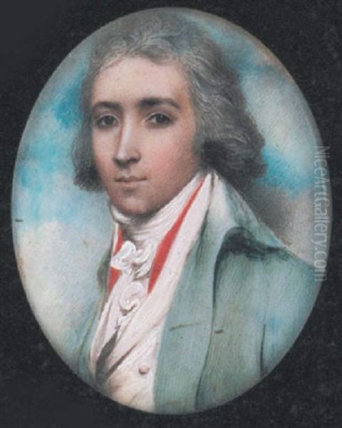 A Young Handsome Gentleman Wearing Pale Green Coat, White Waistcoat, Frilled Cravat And Red Scarf, His Hair Powdered Oil Painting by Andrew Plimer