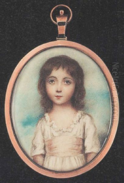 A Young Girl (one Of The Artist's Daughters?) Wearing Short-sleeved Low-cut White Dress With Frilled Trim And Pale Pink Waistband Oil Painting by Andrew Plimer