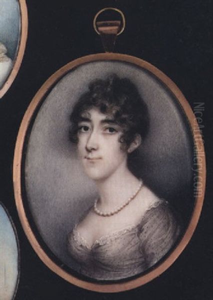 A Lady, Wearing Brown Spotted Dress With White Frilled Neckline, A String Of Pearls At Her Neck, Her Brown Hair Upswept Oil Painting by Andrew Plimer