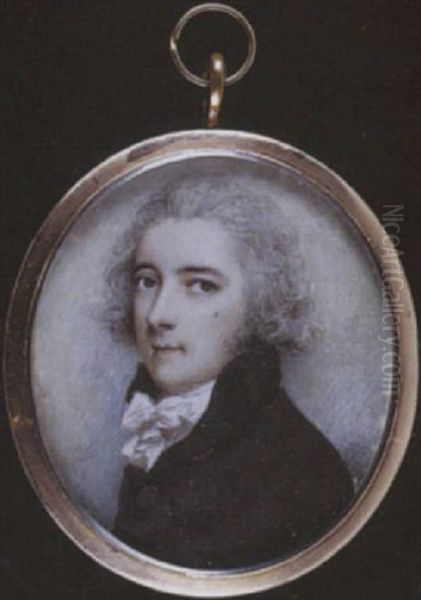 A Young Gentleman With Natural Powdered Hair And Mole On His Cheek, Wearing Brown Coat With Large Buttons And White Cravat Oil Painting by Andrew Plimer