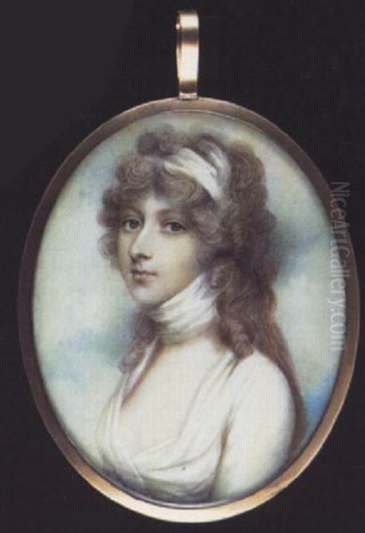 Lady Lilford Wearing White Dress, A Matching Scarf At Her Neck And Bandeau In Her Powdered, Curled Hair Oil Painting by Andrew Plimer