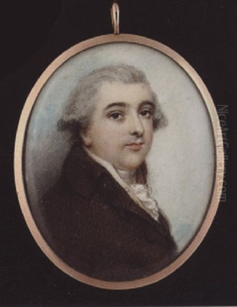 A Gentleman, With Short Powdered Hair, Wearing Brown Coat, Cream Waistcoat, Frilled White Cravat And Stock Oil Painting by Andrew Plimer