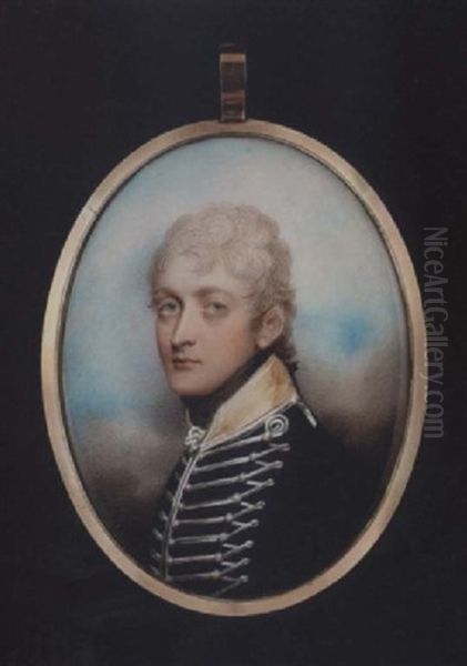 Portrait Of A Young Officer, His Powdered Hair En Queue, Wearing Blue Coat With Buff-coloured Collar, Black Stock And Frilled White Cravat Oil Painting by Andrew Plimer