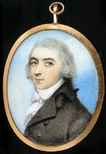 A Gentleman In Brown Coat With White Waistcoat And Stock, His Hair Powdered And Worn En Queue Oil Painting by Andrew Plimer