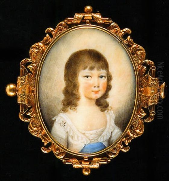 A Young Child In White Smock With Laced Bodice And Blue Waist Sash Oil Painting by Andrew Plimer