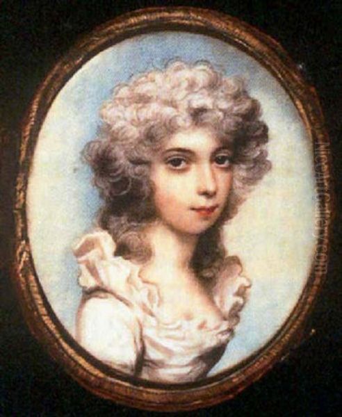 A Fine Portrait Of A Young Lady, In White Dress With Frilled Collar, Her Hair Curled And Powdered Oil Painting by Andrew Plimer