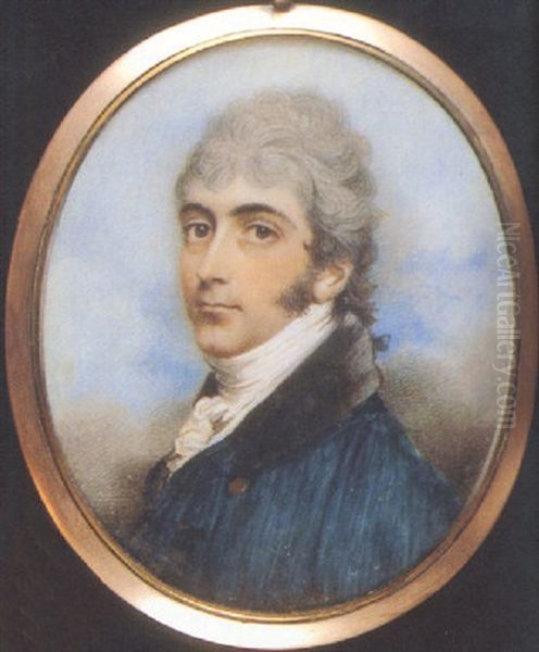 Colonel Josiah Cottin, Of The 10th Hussars, In Blue Coat With Black Collar, White Waistcoat And Frilled Shirt, His Powdered Hair En Queue Oil Painting by Andrew Plimer