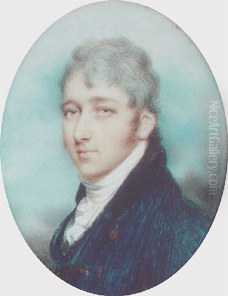 A Fine Portrait Of A Gentleman, With Powdered Hair, Wearing A Blue Coat With Black Collar And A Frilled Cravat Oil Painting by Andrew Plimer