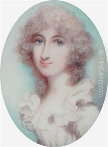 A Fine Portrait Of A Young Lady, With Powdered Hair, Wearing A Decollete White Dress With Frilled Collar Oil Painting by Andrew Plimer