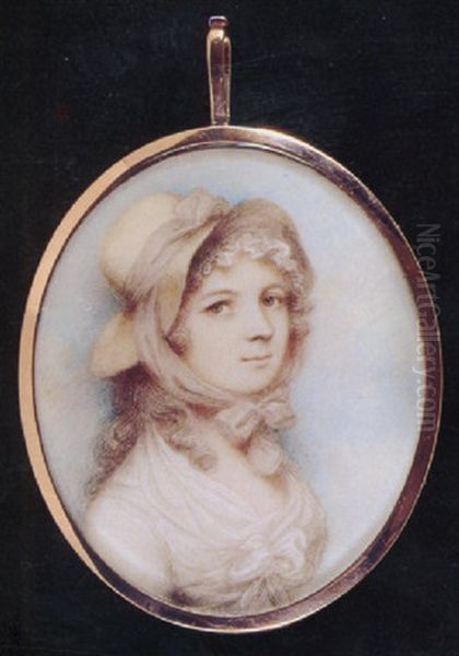 A Lady, In White Dress With Tied Fichu, A Straw Hat Tied With Light Brown Ribbon On Her Curled And Powdered Hair Oil Painting by Andrew Plimer