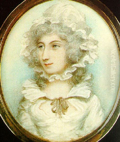 A Young Lady Wearing White Dress With Ruff Collar Tied With Brown Bow And Matching White Bonnet Oil Painting by Andrew Plimer