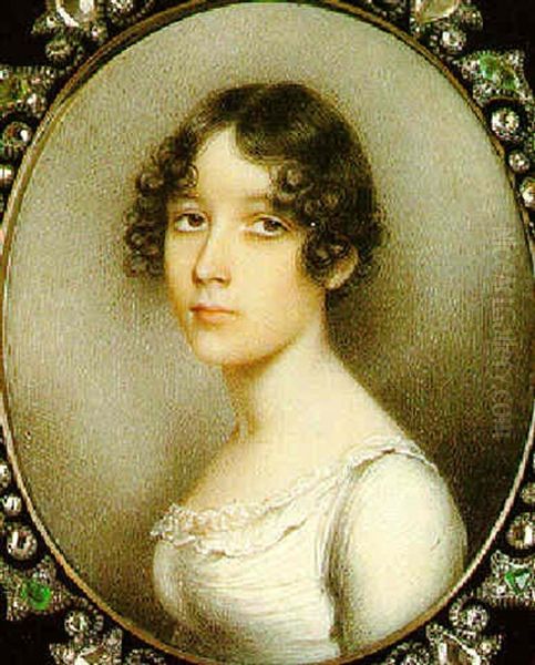 A Portrait Of A Young Lady With Short Brown Hair, Wearing White Dress With Lace Collar Oil Painting by Andrew Plimer