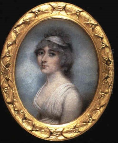 A Lady With Powdered And Curled Hair Bound By A Bandeau,    Wearing A White Gown, Sky Background Oil Painting by Andrew Plimer