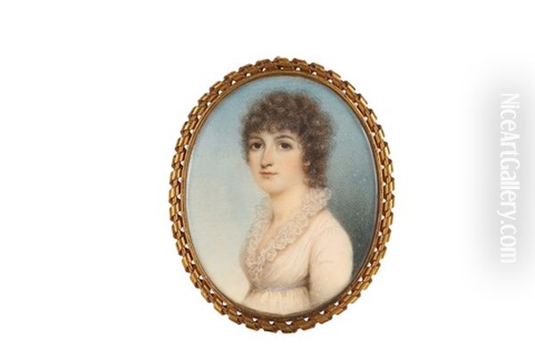 Portrait Miniature Of A Lady In White Dress With Frilled Neckline And Blue Ribbon Waistband Oil Painting by Nathaniel Plimer