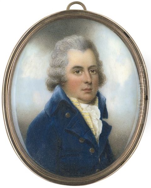 Bildnis Eines Herrn In Dunkelblauer Jacke Mit Gelb-blau Gestreifter Weste Und Weisser Kravatte Oil Painting by Nathaniel Plimer