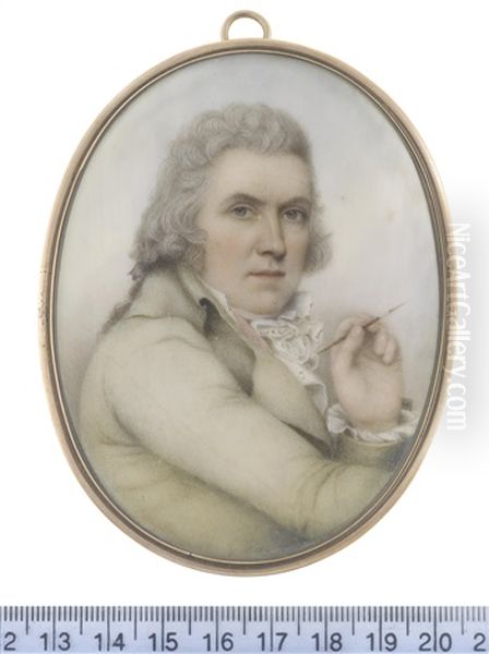 A Rare Self-portrait Of The Artist, Wearing Pale Yellow Coat, White Waistcoat, Frilled Chemise, Stock And Cravat, His Powdered Hair Tied With A Black Ribbon Bow Oil Painting by Nathaniel Plimer