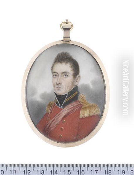 Colonel Gill, Wearing Red Coat With Dark Green Standing Collar, Gold Buttons And Epaulettes, A Red Sash Worn Across His Left Shoulder, White Chemise And... Oil Painting by Nathaniel Plimer