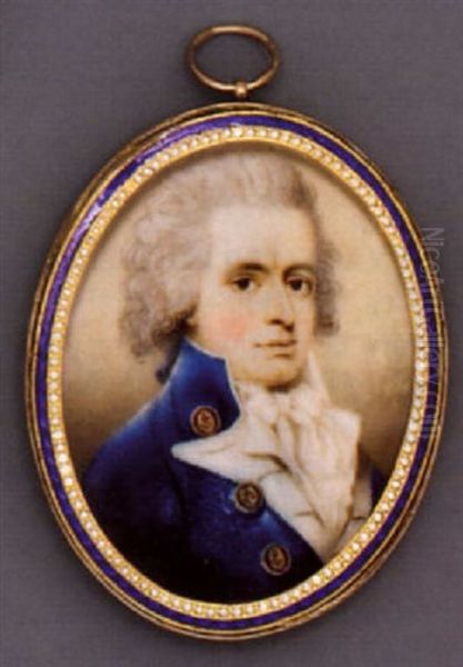 A Naval Officer In Blue Velvet Coat With Large Gold Buttons, White Waistcoat, Frilled And Knotted Cravat, Powdered Hair En Queue Oil Painting by Nathaniel Plimer