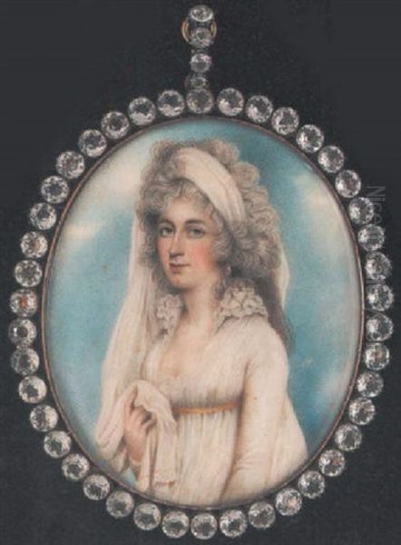 A Lady Wearing Decollete White Dress With Frilled Collar And Yellow Ribbon, Drop Earring And Long White Veil Falling Over Her Shoulder And Held In Her Right Hand Oil Painting by Nathaniel Plimer