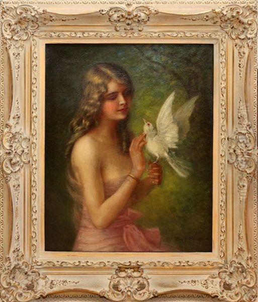 Girl In A Pink Dress With A Dove Oil Painting by William E. Plimpton