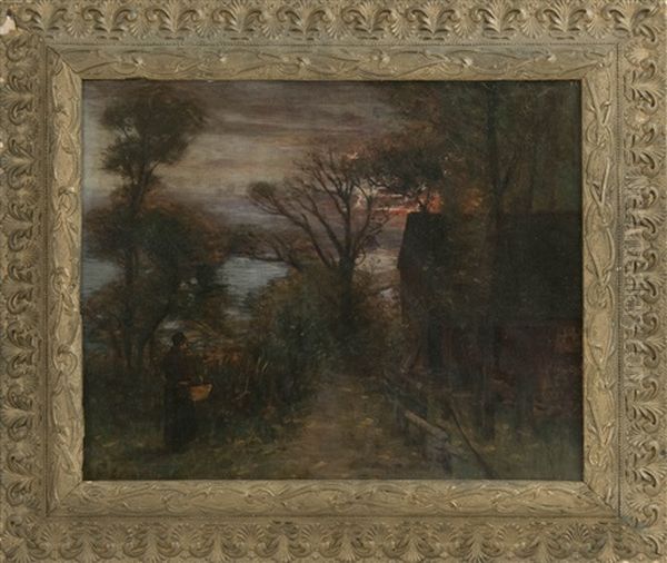 A Woman Walking Down A Rural Path At Sunset Oil Painting by William E. Plimpton