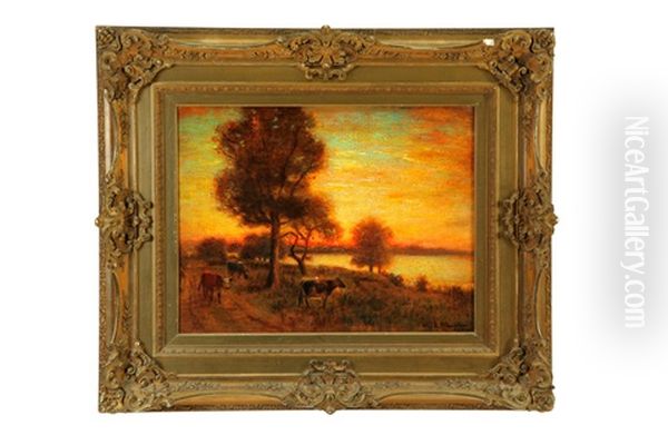 Landscape With Cows Oil Painting by William E. Plimpton