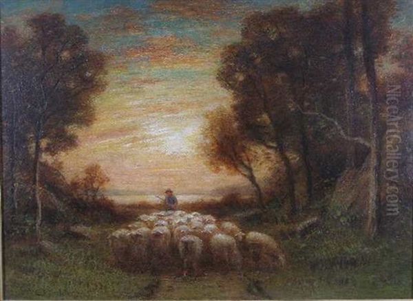 Sheep At Dusk Oil Painting by William E. Plimpton