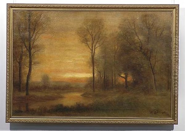 Sunset Along River Landscape Oil Painting by William E. Plimpton