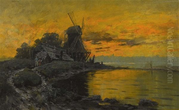 Alte Windmuhle Bei Dordrecht Im Abendrot Oil Painting by Hermann Christian Plock