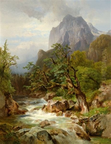 Gebirgslandschaft Mit Wasserfall Oil Painting by Anna (Baar-Plommer) Plommer