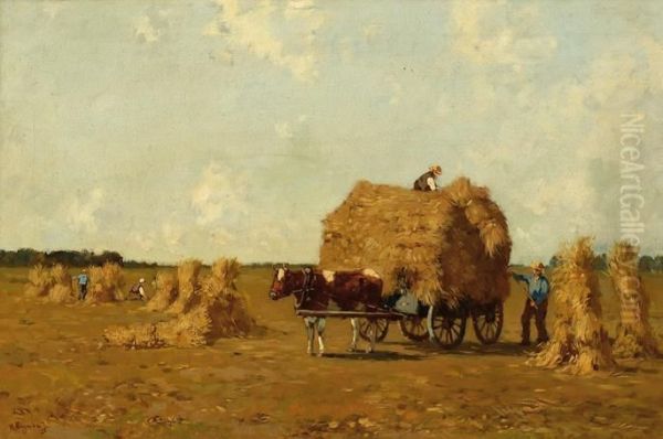 Haymaking Farmers With A Horse And Cart Oil Painting by Hermanus Charles Christiaan Bogman