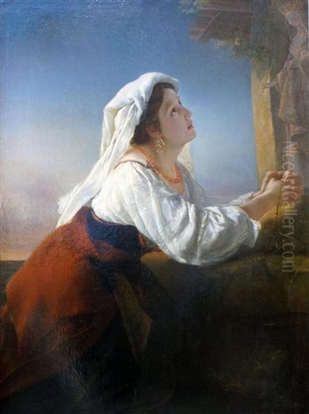 Jonge Vrouw In Aanbidding Van De Moeder Gods Oil Painting by Henri-Eugene Pluchart