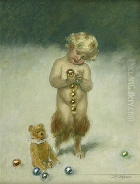 Am Heiligen Abend (satyrknabe Im Schnee Mit Teddybar Und Christbaumkugeln) Oil Painting by Karl Plueckebaum