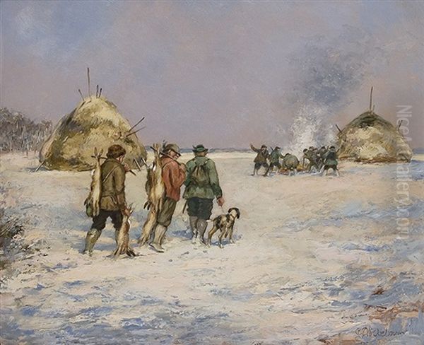 After Hunting Oil Painting by Karl Plueckebaum