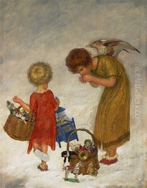 Die Bescherung. Zwei Kinder Bei Ihren Geschenken Im Tiefen Schnee Oil Painting by Karl Plueckebaum