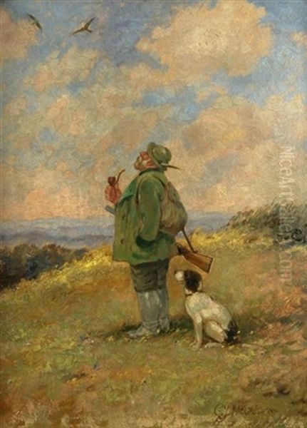 Auf Der Jagd. Waidmann Beobachtet Den Flug Zweier Schwalben Oil Painting by Karl Plueckebaum