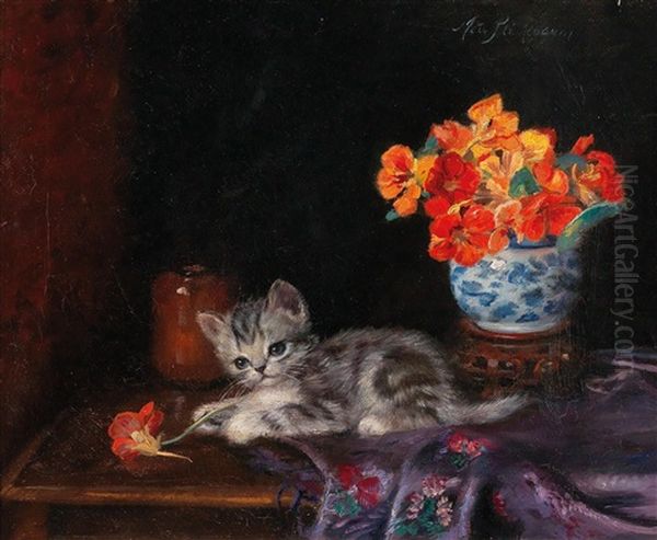 A Playful Kitten Oil Painting by Meta Plueckebaum