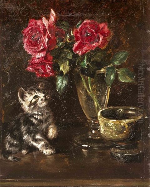 Katzchen Mit Rosenvase Oil Painting by Meta Plueckebaum