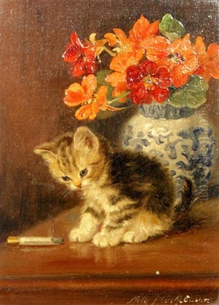 Kitten In Front Of A Flower Vase Oil Painting by Meta Plueckebaum