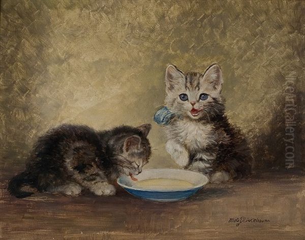 Cats At The Milk Saucer Oil Painting by Meta Plueckebaum