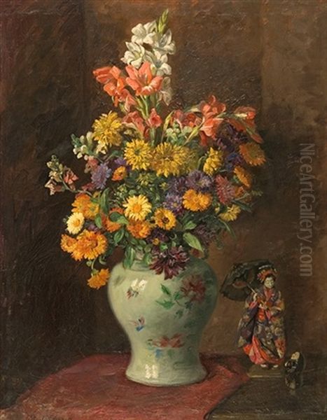 Autumn Bouquet & Japanese Statuettes Oil Painting by Meta Plueckebaum