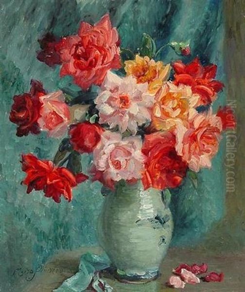 Stilleben Mit Prachtigen Rosen In Steingutvase Oil Painting by Meta Plueckebaum