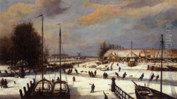 Skating On A Frozen River Oil Painting by Jacob Pluegger