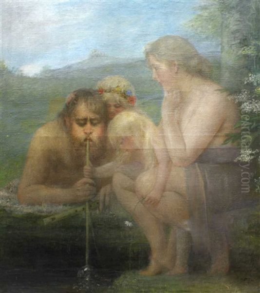 Landschaft Mit Wassermann, Nymphe Und Zwei Kindern by Heinrich Pluehr