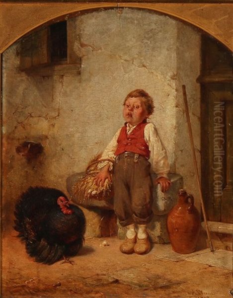 A Boy Is Frightened By A Turkey Oil Painting by August (Poul A.) Plum