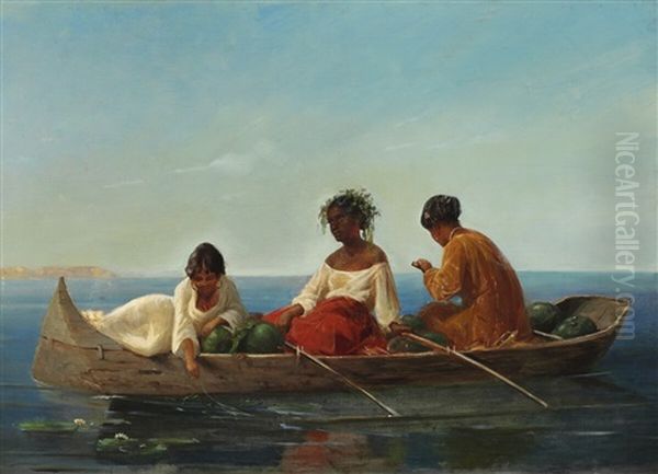 Tahitian Women Bringing Fruit To The Corvette Galathea Oil Painting by August (Poul A.) Plum